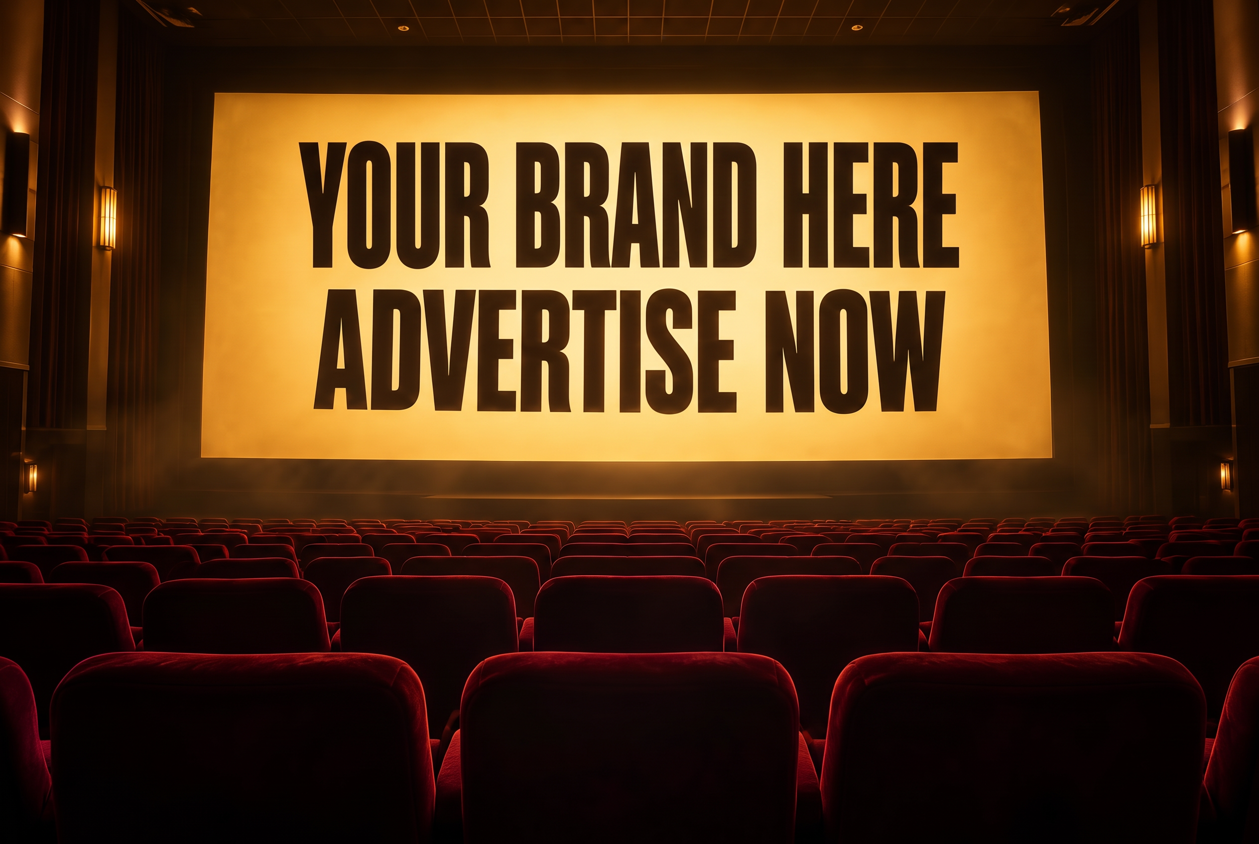Empty cinema auditorium with the big screen reading Advertise here, advertise now